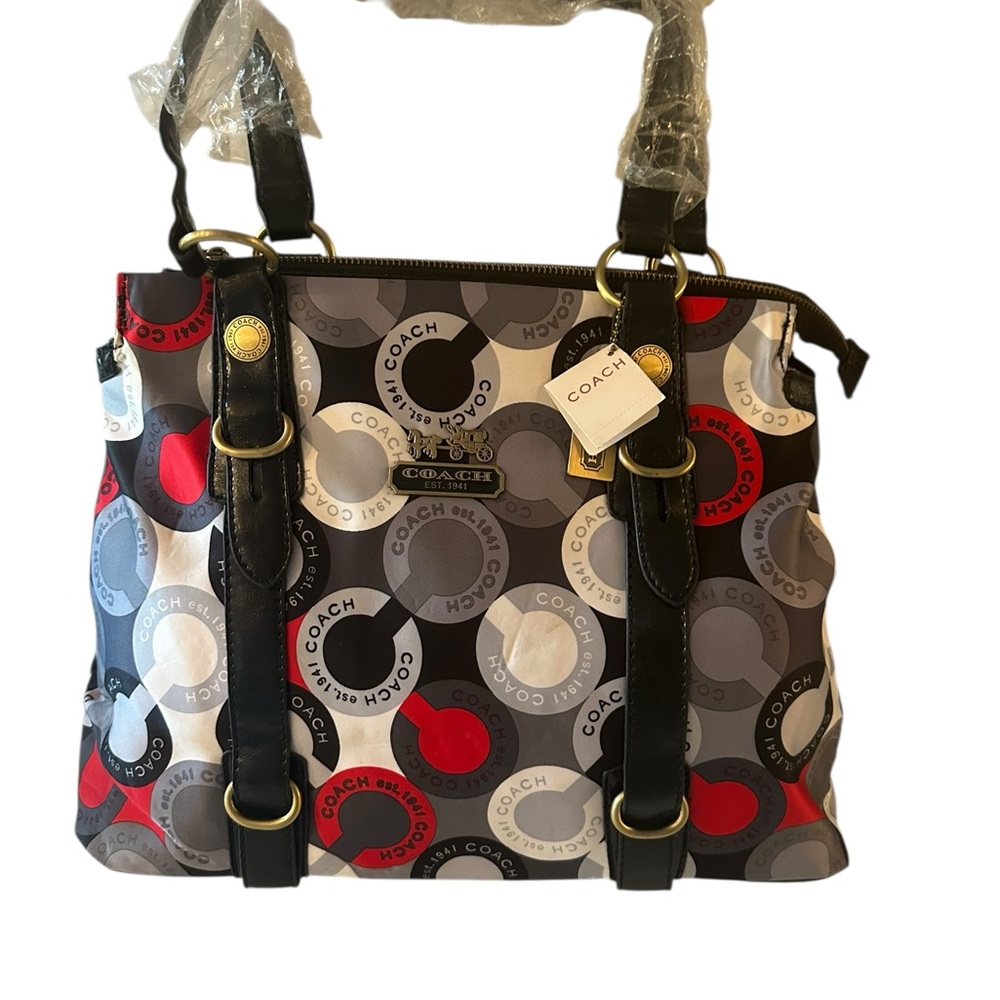 Coach NWT Multicolor Signature Tote Satchel Leather Trim Large Designer Handbag - Picture 2 of 9